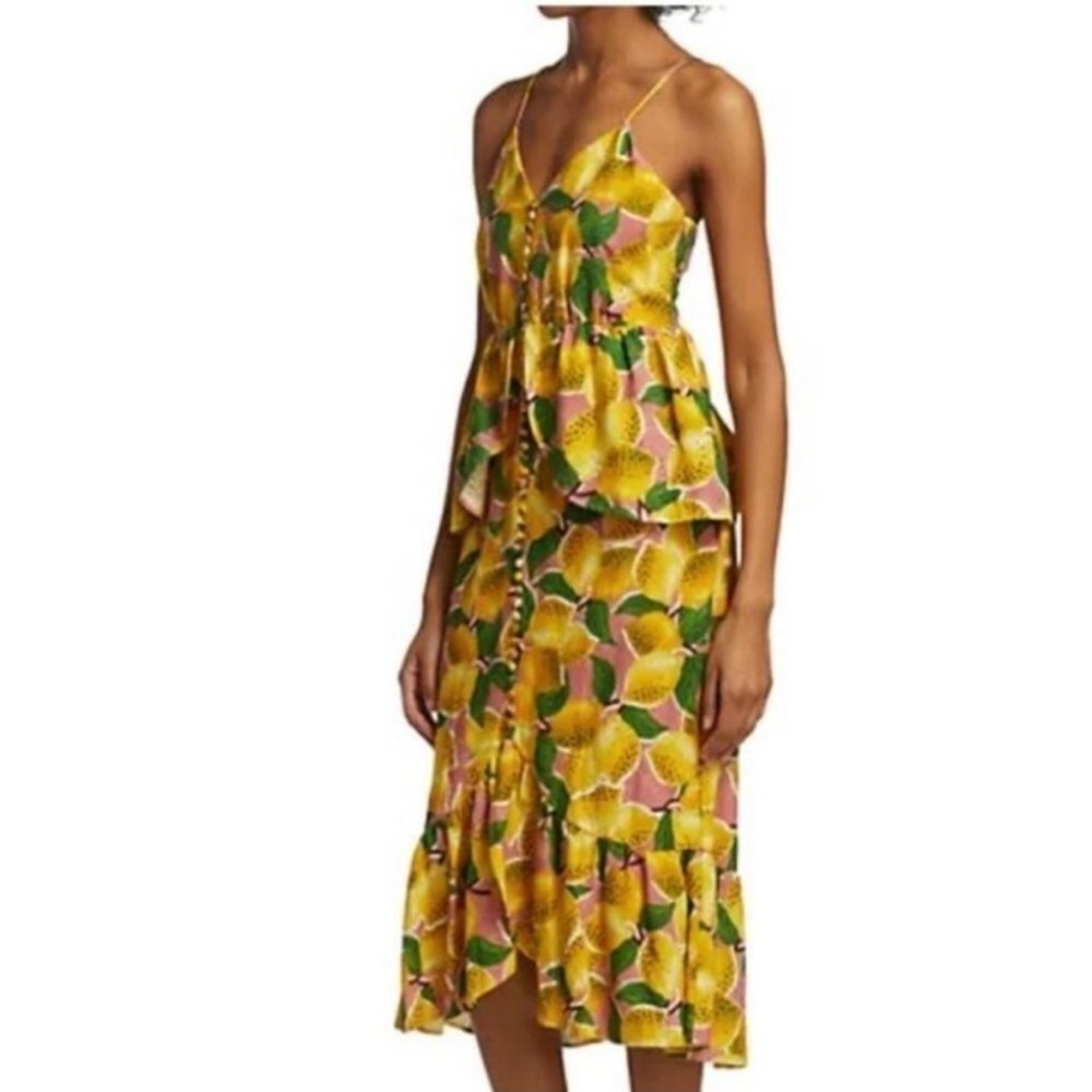 Farm Rio Fresh Lemons Ruffled Midi Dress Yellow Pink Small New